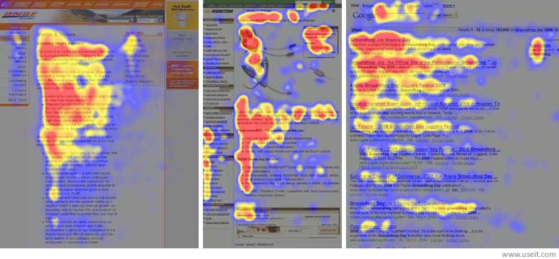 3 screenshots from Nielsen Norman Group's recent eyetracking study.