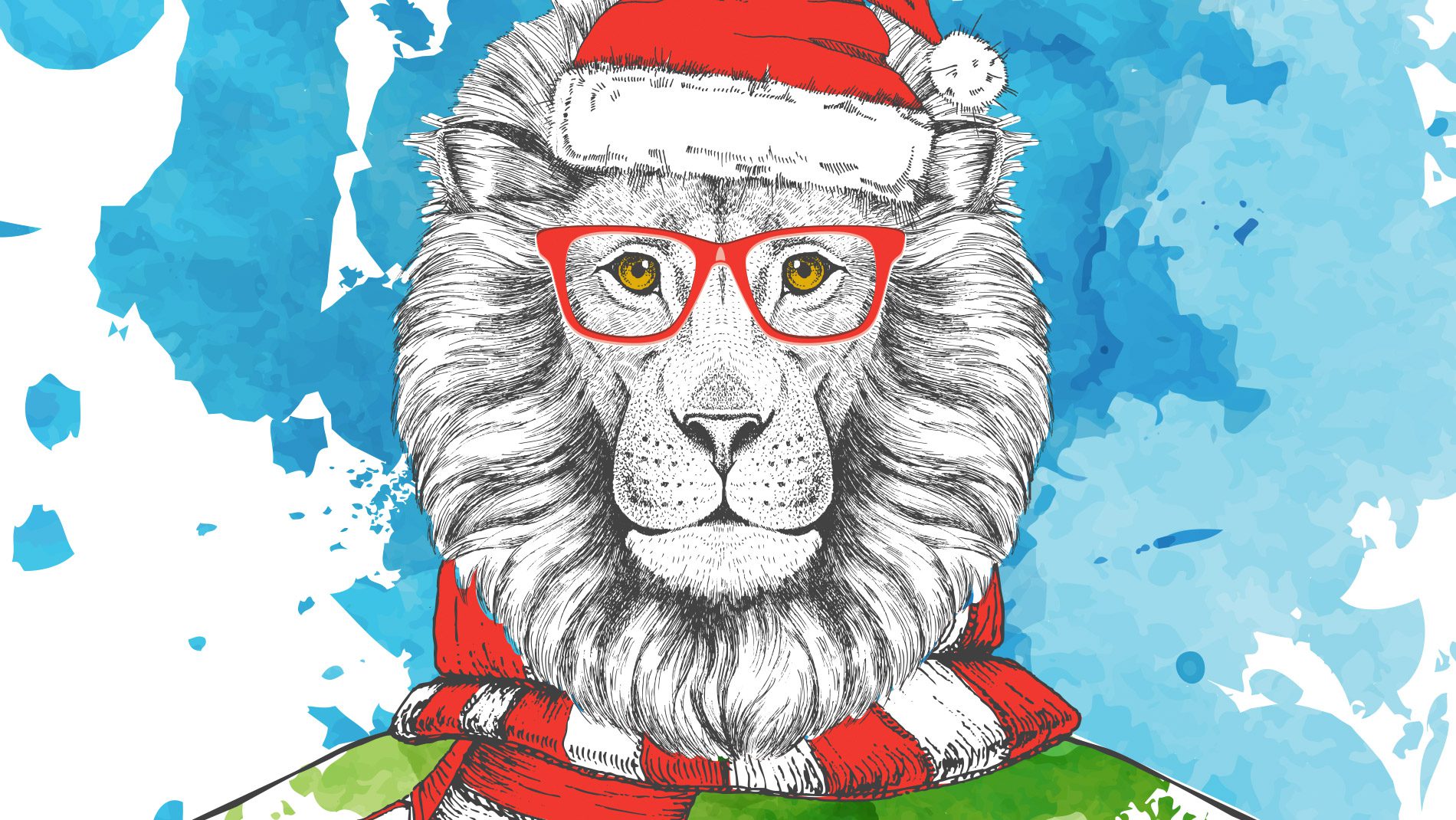 Blue Zoo Lion Wearing Santa Hat and Glasses for Christmas Holiday News Header