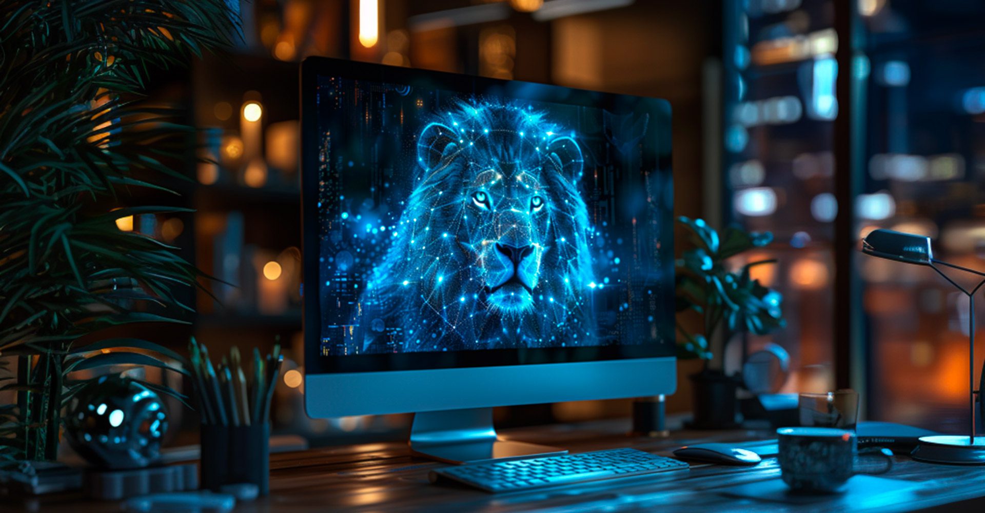 Image of a computer in an office with a digitally created lion on the screen symbolizing Blue Zoo's Locally Managed Hosting and Support services