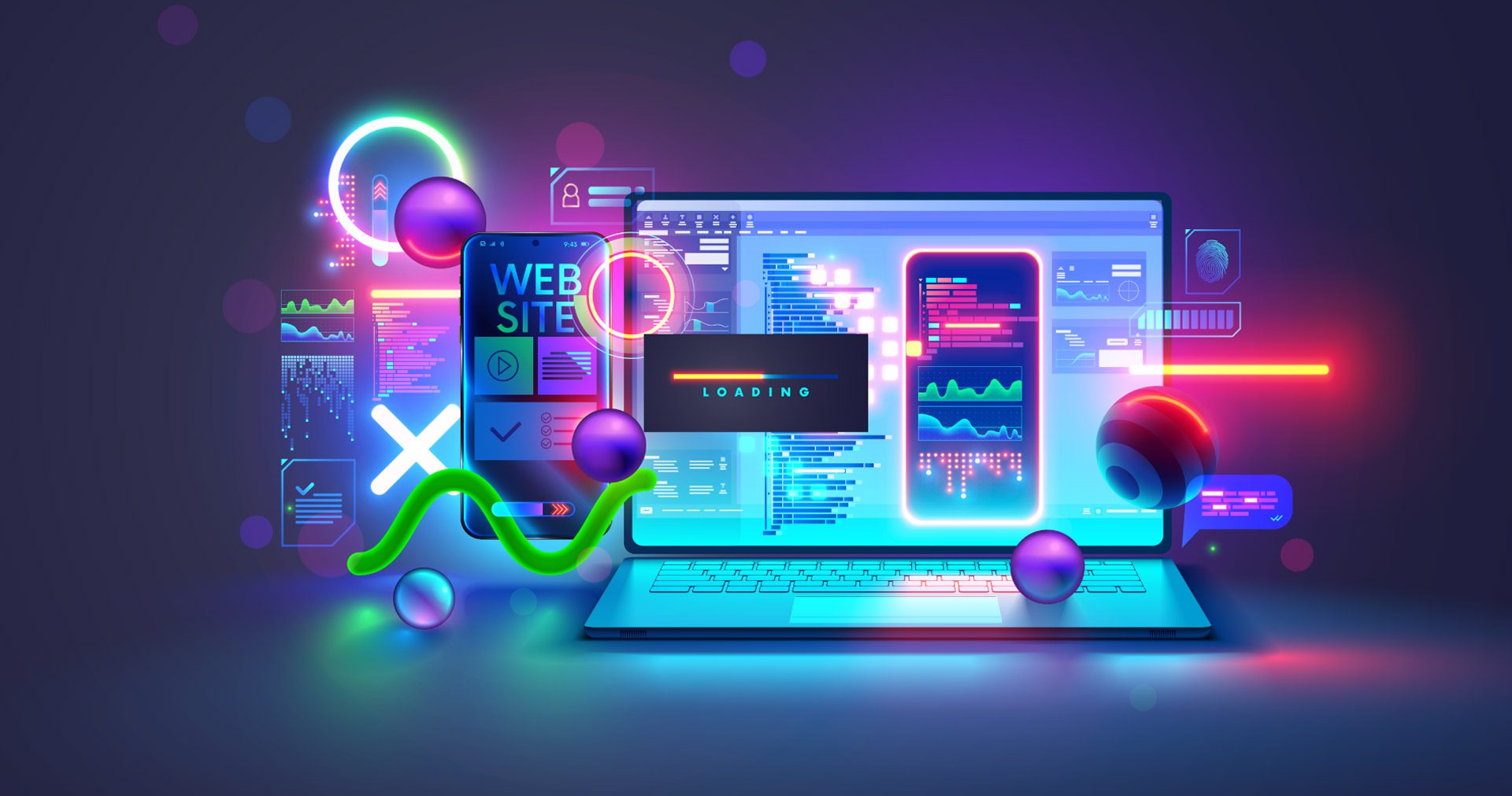 Header Image of elements of a website being built in bright neon
